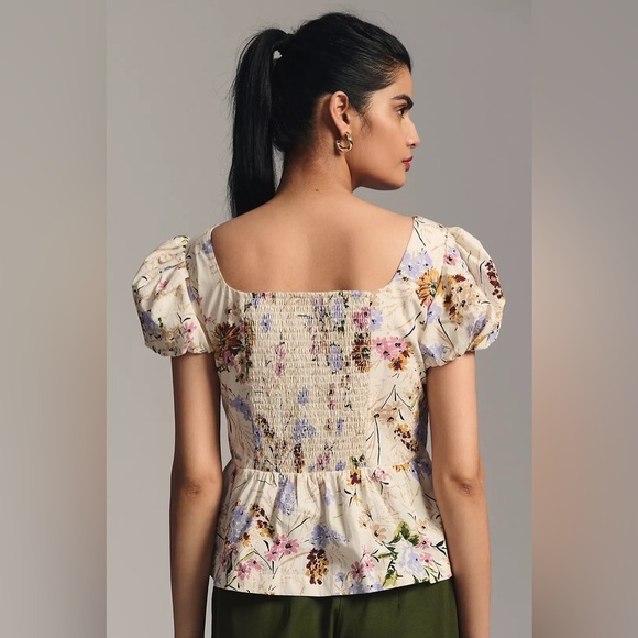 NWT Size S - By Anthropologie Puff-Sleeve Peplum Top (100% Cotton) - Picture 2 of 12